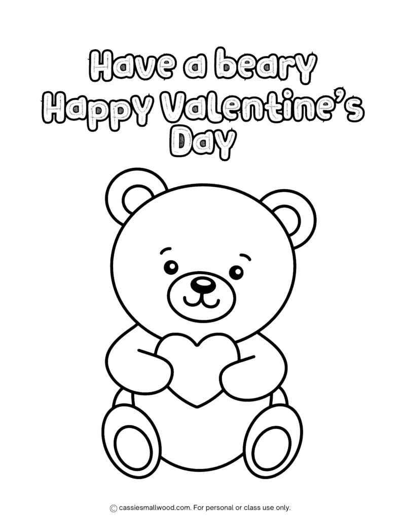 teddy bear coloring picture of Valentine's Day free printable pdf, cute Valentine coloring page preschool kindergarten