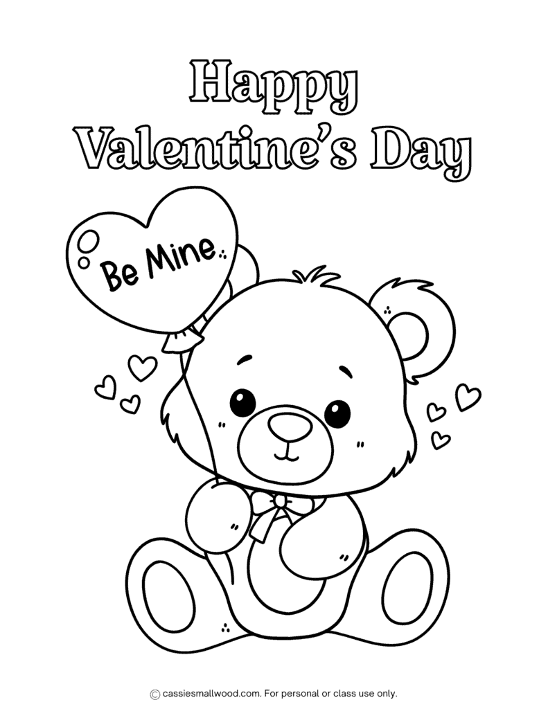 teddy bear cute coloring page for Valentine's Day free printable pdf, Happy Valentine's Day coloring sheet for kids easy