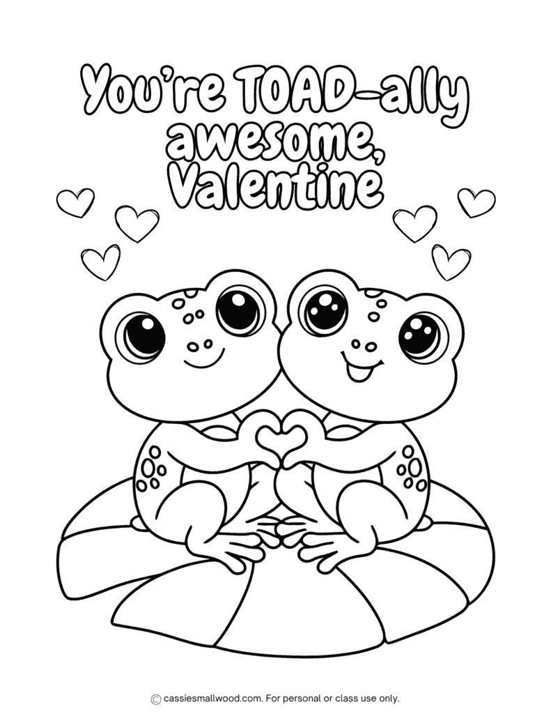 cute toad Valentine color sheet free printable pdf, animal Valentine's Day coloring pages