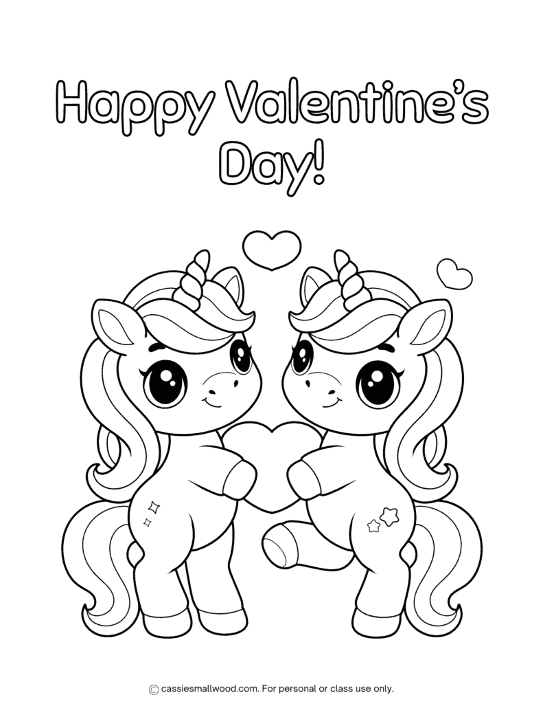 cute unicorn Happy Valentine's Day coloring page for kids free printable pdf, Valentine coloring sheets easy