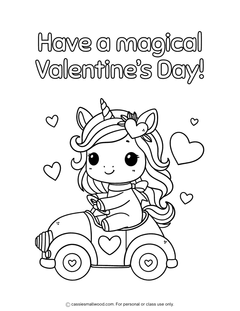 cute unicorn Valentines coloring page free printable pdf, unicorn Valentine's Day coloring sheet for kids