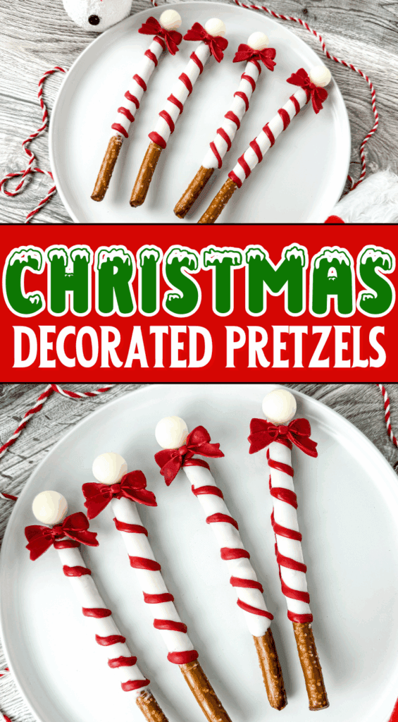 white chocolate covered Christmas pretzels decorated like North Pole Christmas sleepover snacks to make