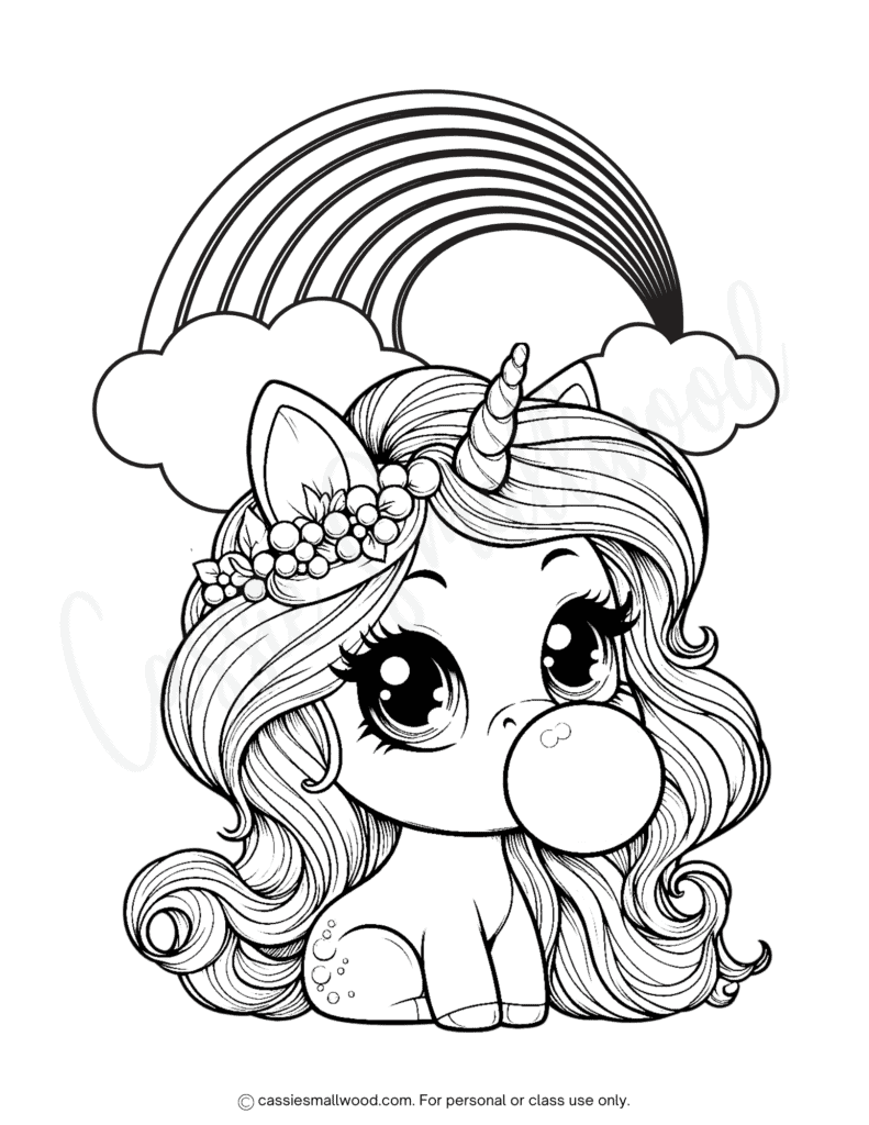 Bubble gum unicorn coloring page free printable pdf, super cute unicorn and rainbow coloring page for kids
