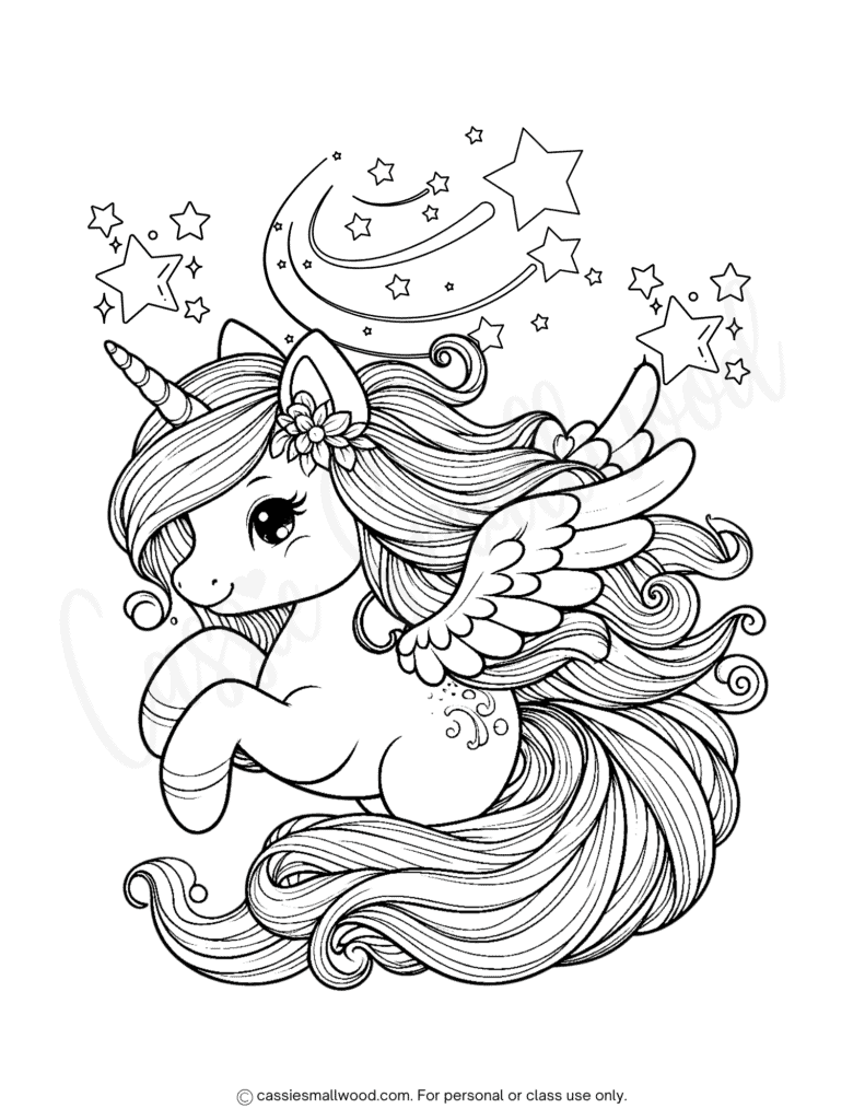 cute winged unicorn coloring sheet free printable pdf, magical pegasus unicorn coloring page