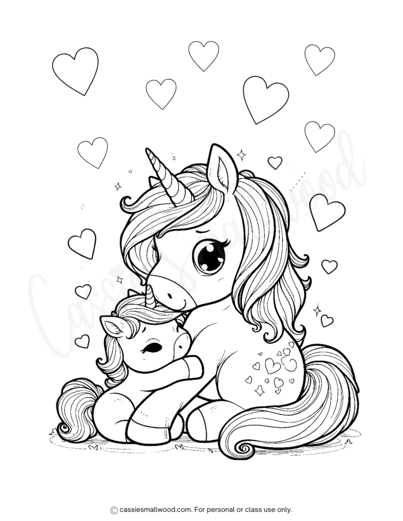 free printable mama and baby unicorn coloring page, cute kawaii unicorn Mother's Day coloring sheet for kids