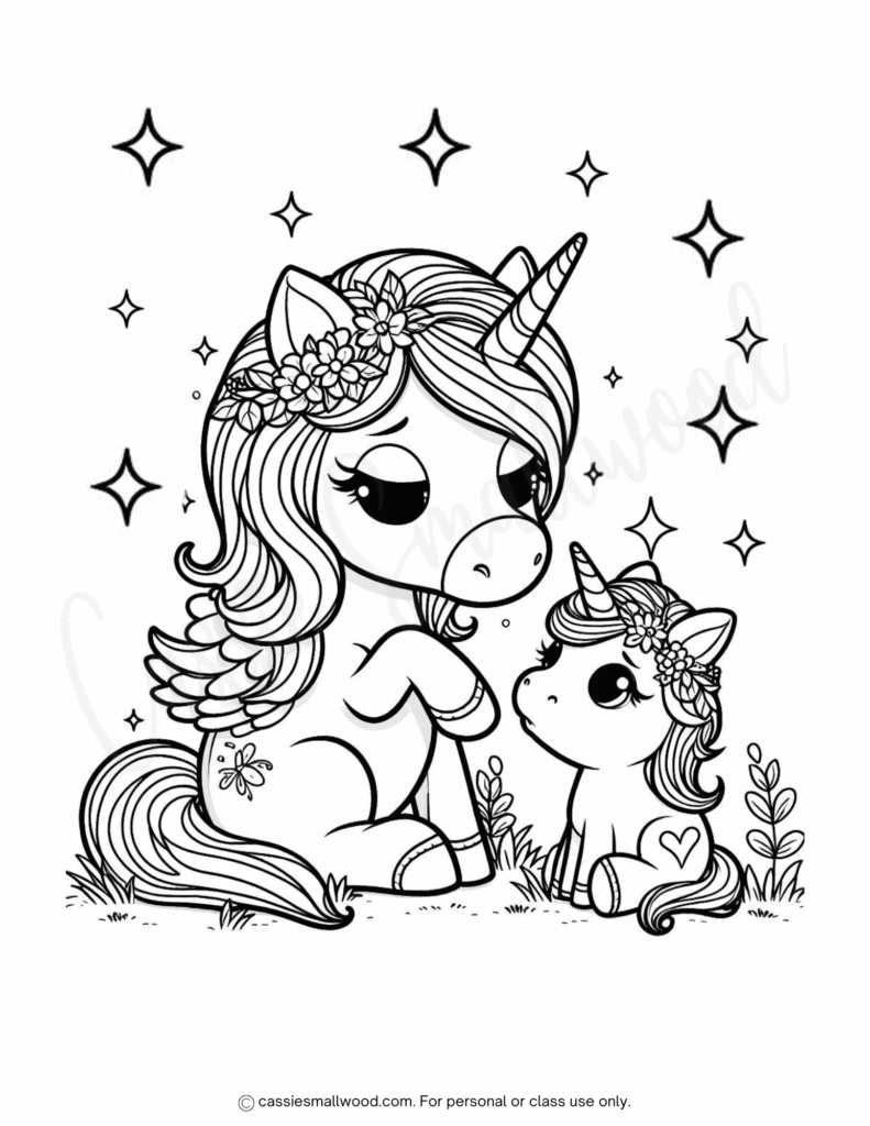 cute mom and baby unicorn coloring page free printable pdf, adorable unicorn coloring sheet for kids