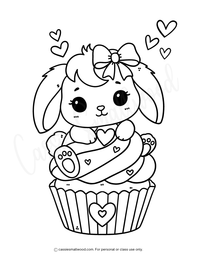 kawaii bunny cupcake coloring page free printable pdf, cute easter cupcake coloring page, bunny coloring sheet for kids
