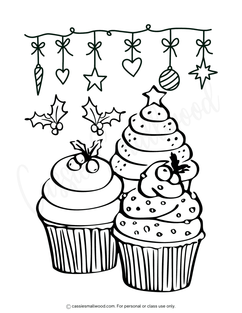 Cute Christmas cupcake coloring page free printable pdf, detailed cupcake coloring page realistic