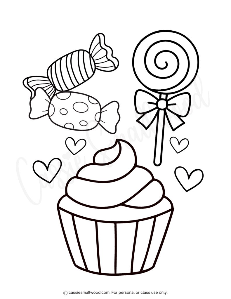cute cupcake coloring page for kids free printable pdf, sweets coloring page, lollipop coloring page, candy coloring sheet