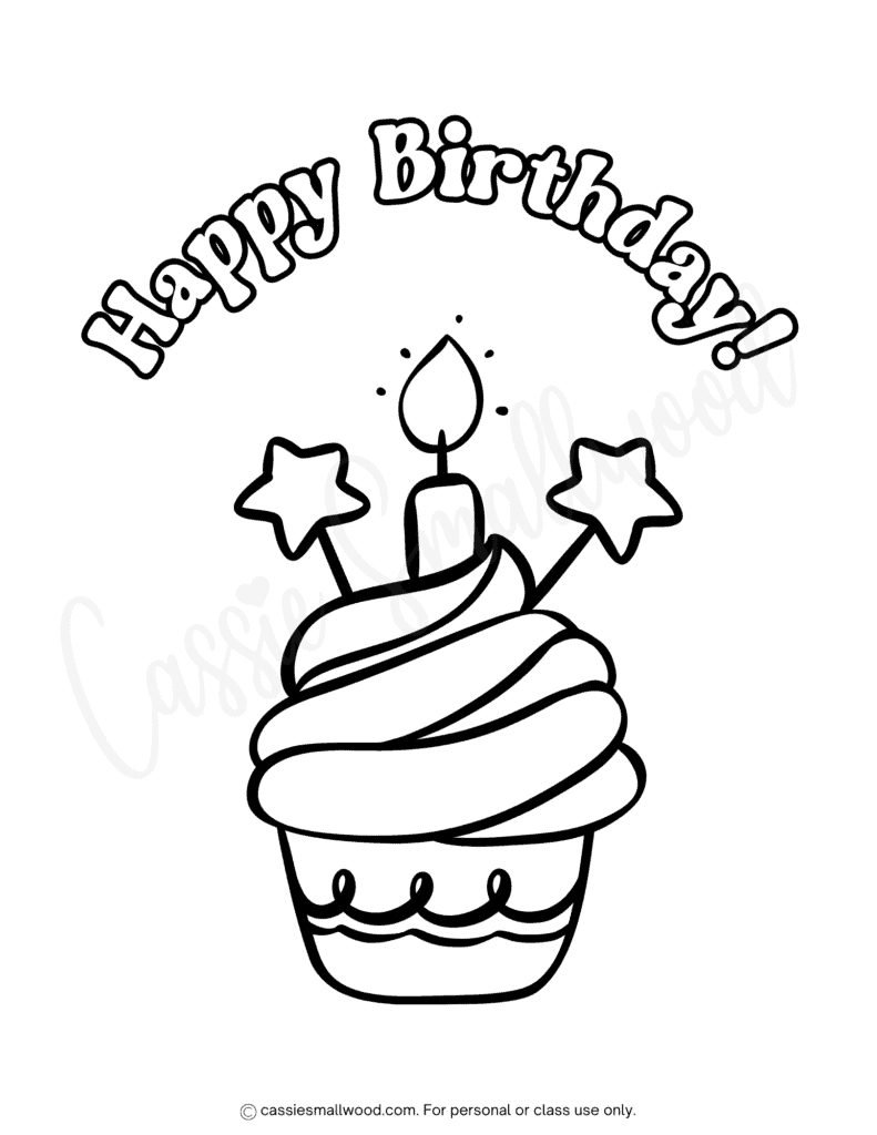 cute Happy Birthday cupcake coloring page free printable pdf, Happy Birthday coloring sheet fo kids