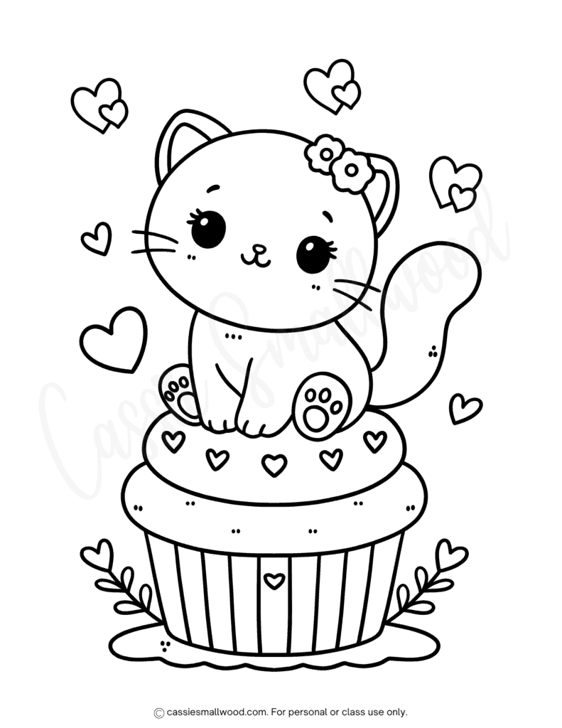 cute kitten cupcake coloring page free printable pdf, kitty cupcake coloring sheet for kids, cute cat coloring page for kids free printable pdf