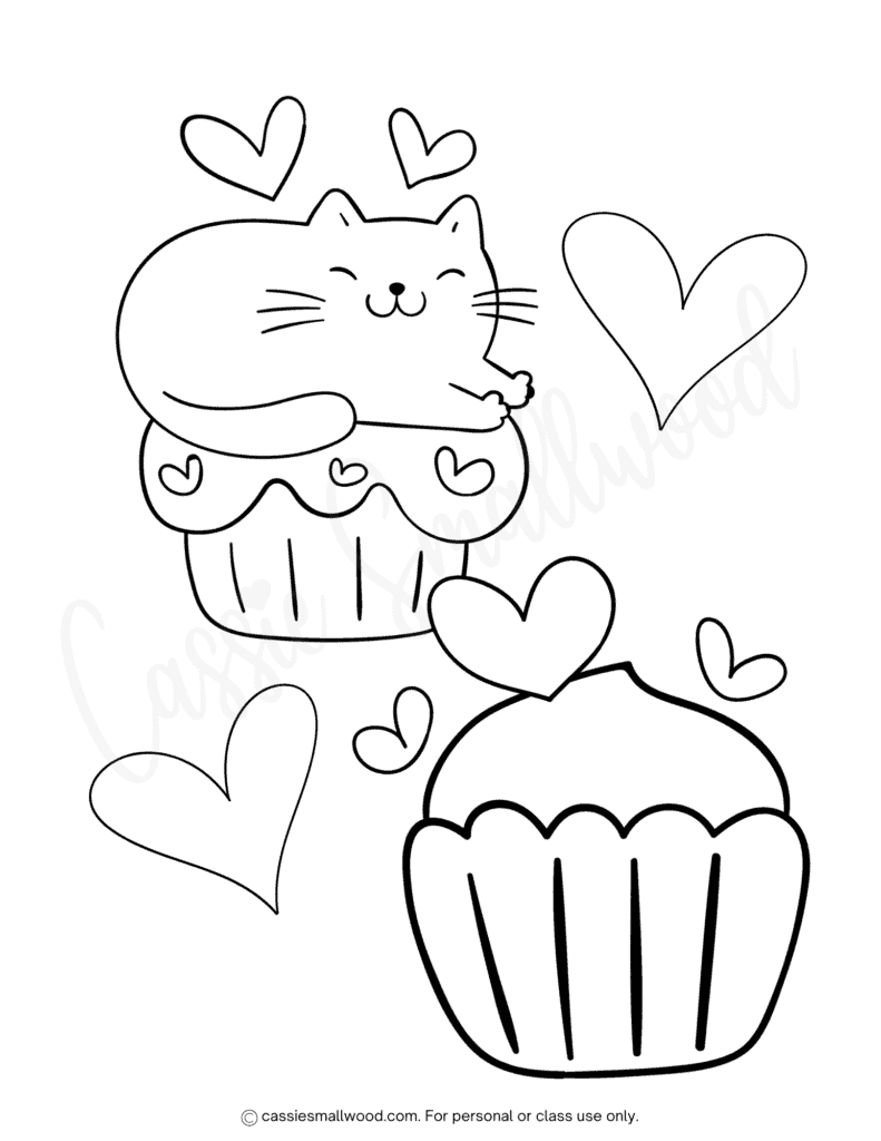 cute kitty cupcake coloring page free printable pdf, cat cupcake coloring sheet, kitten cupcake coloring page for kids