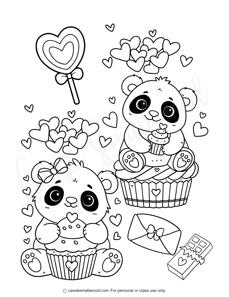 Cute panda cupcake coloring page free printable pdf, panda Valentine coloring sheet for kids