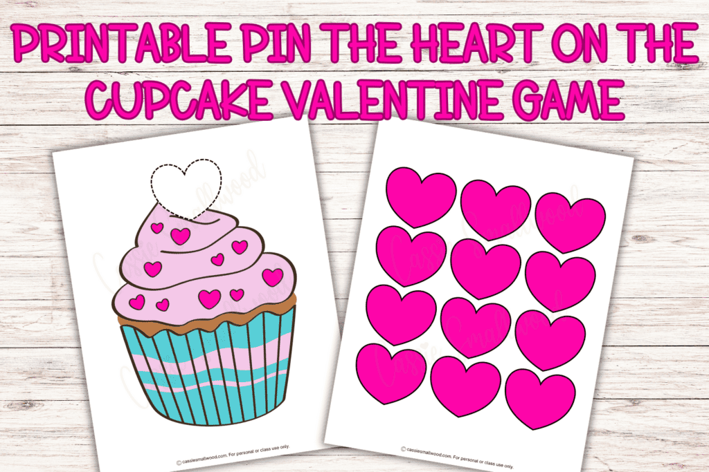 Free printable pin the heart on the cupcake game for kids kindergarten and preschool pdf, interactive Valentine's Day party game for school classroom, Valentine pin the tail game free printable pdf