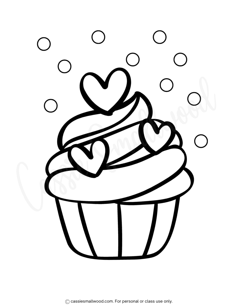 simple cupcake coloring page free printable pdf, cute Valentine cupcake coloring page, Valentine's Day coloring sheet