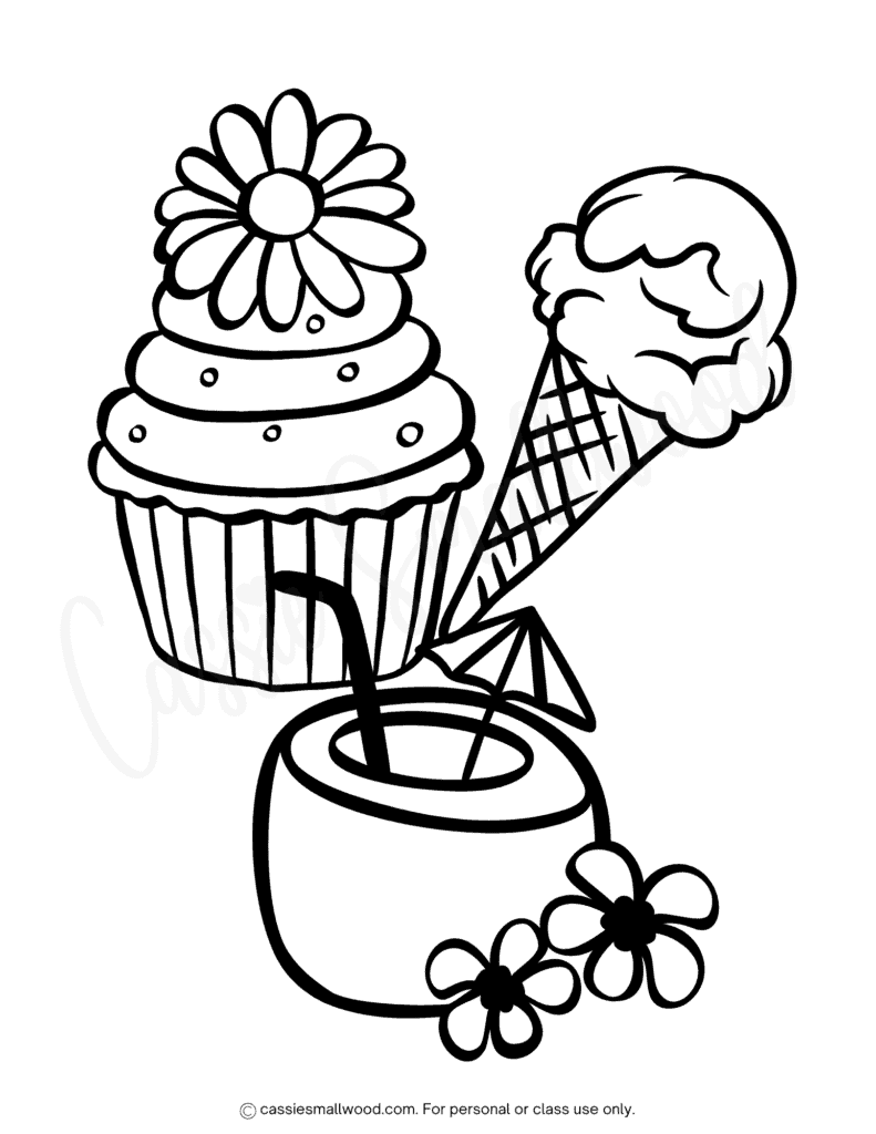ice cream and cupcake coloring page free printable pdf, cute summer cupcake coloring sheet for kids