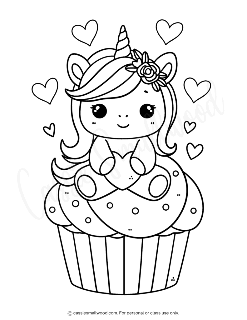 Kawaii unicorn cupcake coloring page free printable pdf, cute unicorn coloring page for kids free printable pdf