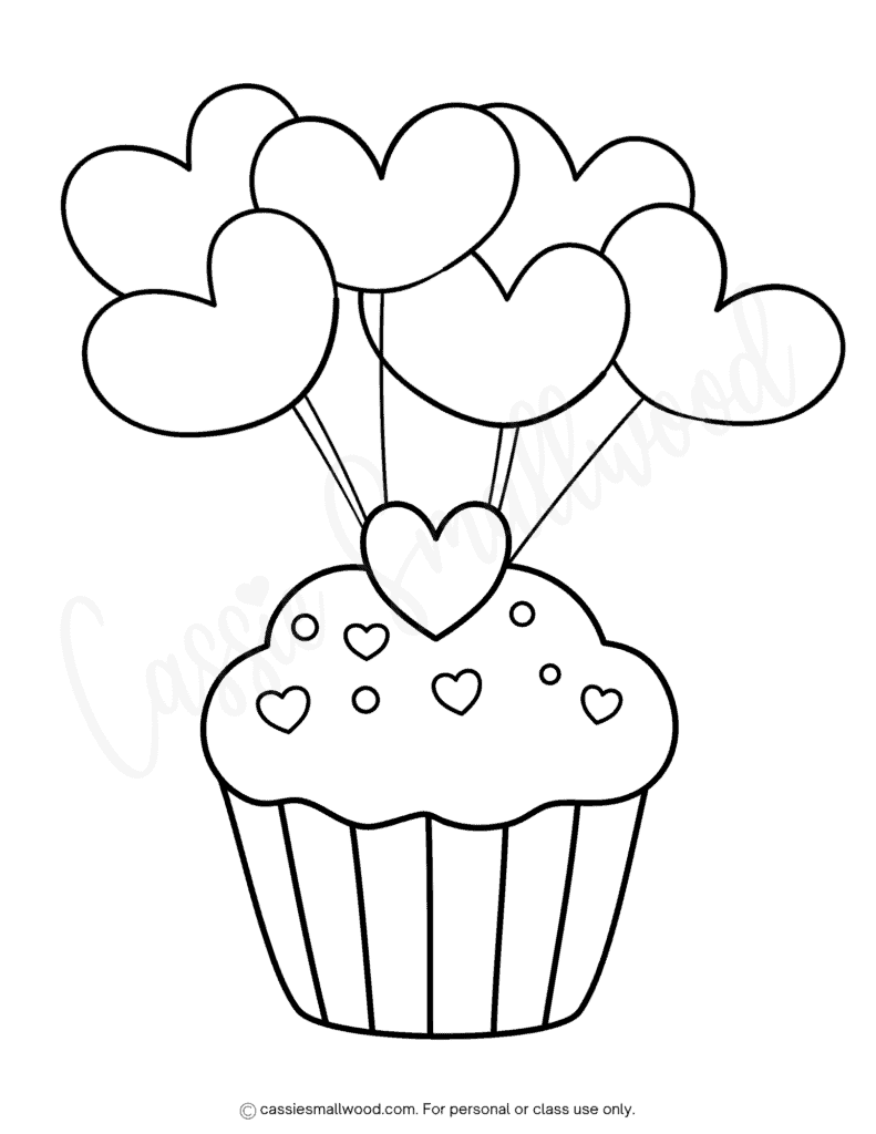 cute Valentine cupcake coloring page for kids, easy Valentine's Day coloring page for preschool and kindergarten, simple cupcake coloring page with hearts