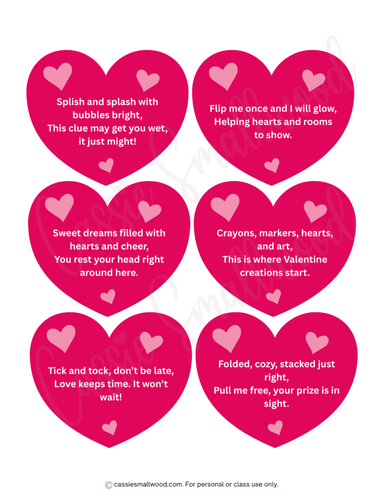 at home indoor Valentine's Day scavenger hunt riddles for kids free printable pdf, indoor Valentine treasure hunt clues to print for free