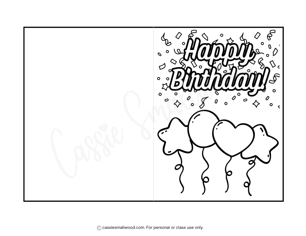 FREE printable balloons happy birthday coloring card pdf, cute birthday card to color for kids friends black and white foldable birthday card to print for free
