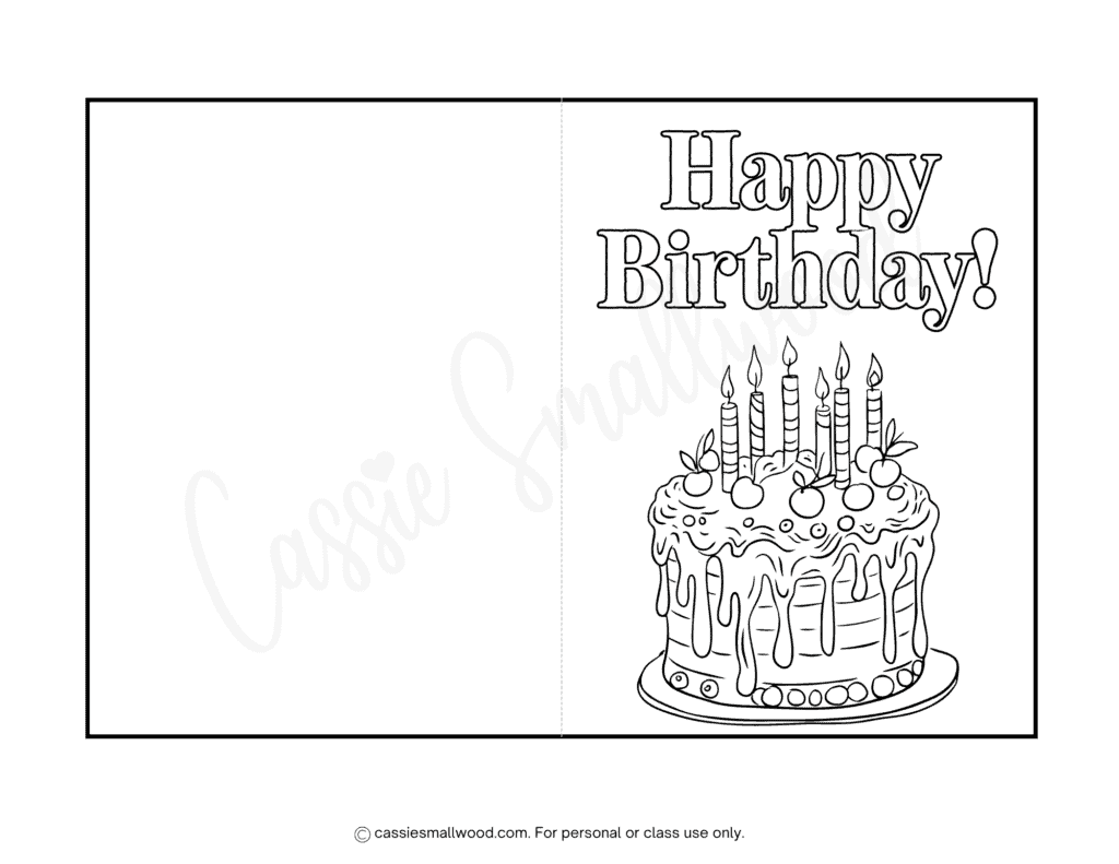 Birthday cake card to color free printable pdf, cute happy birthday card coloring sheet for kids to print for free black and white foldable printable