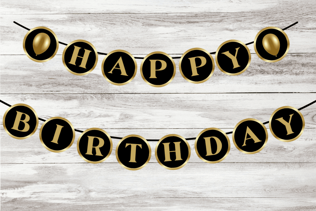 Black and gold birthday banner free printable pdf, simple adult Happy Birthday letters free printables, 50th birthday banner
