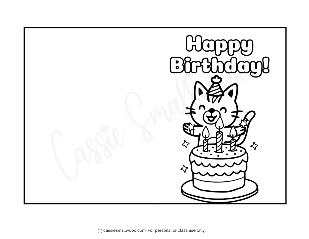 Free printable cat coloring birthday card pdf, kitty happy birthday card to color for kids black and white foldable
