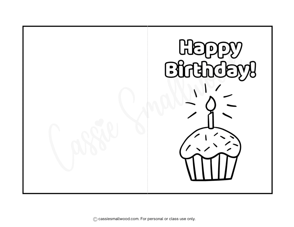 easy cupcake Happy Birthday card to color free printable pdf, preschool birthday coloring card, happy birthday coloring page kindergarten