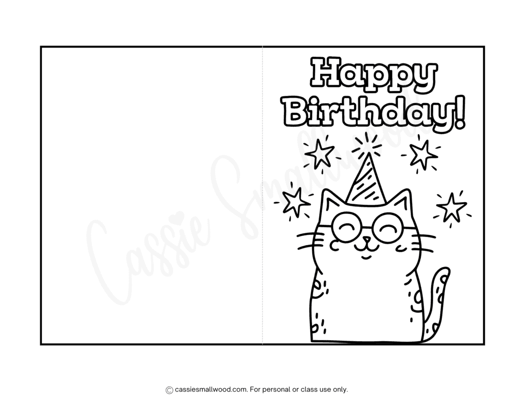 cute kitty happy birthday coloring card free printable pdf, cat birthday card to color for kids friend black and white foldable