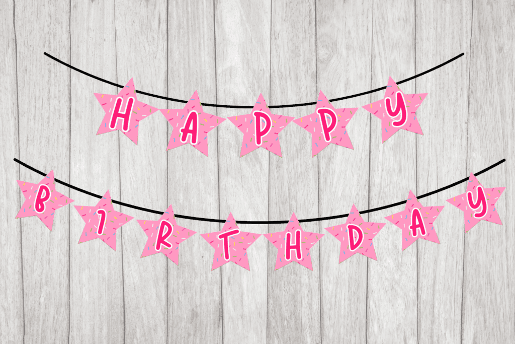 cute pink star Happy Birthday banner free printable pdf, baby girl DIY birthday banner aesthetic