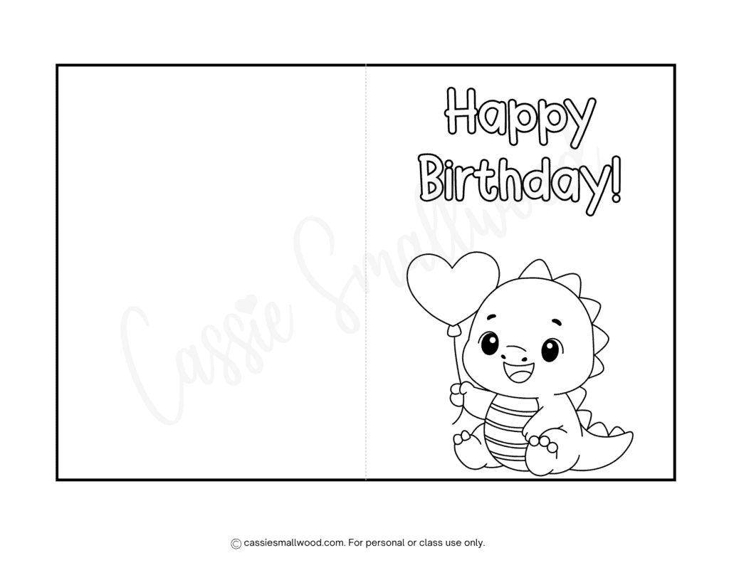 Dinosaur happy birthday coloring card free printable pdf boy birthday card to color, birthday coloring pages for kids preschool black and white foldable