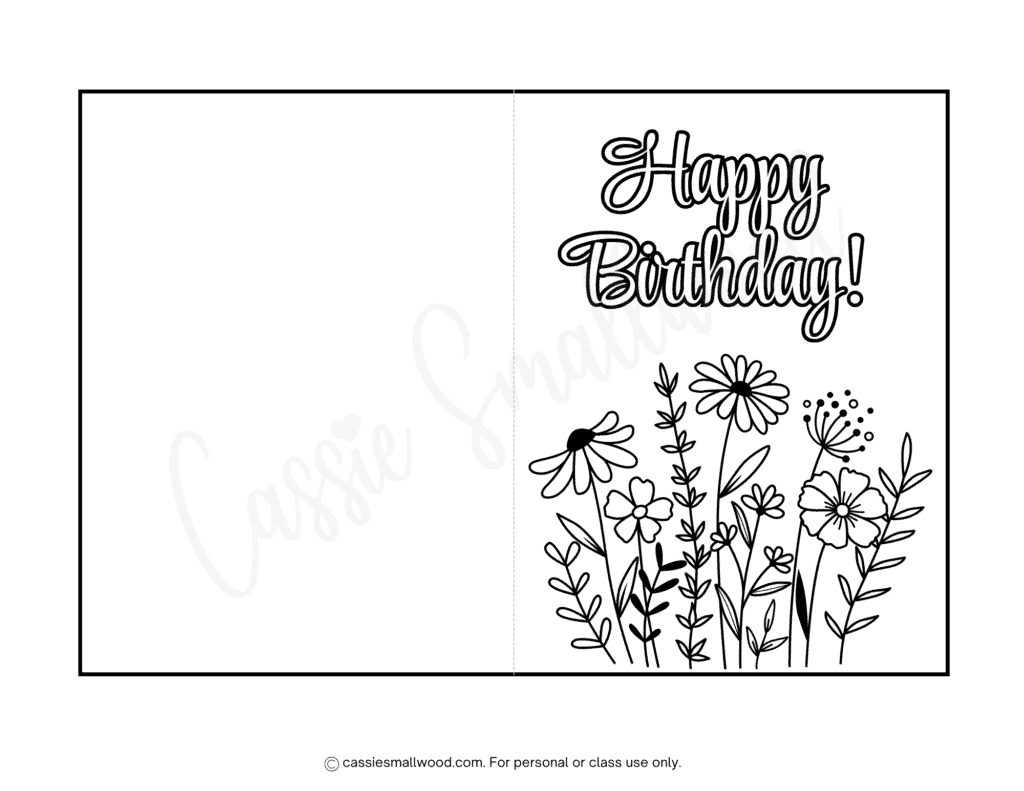 Free printable flower birthday coloring card pdf, happy birthday card to color for mom or grandma