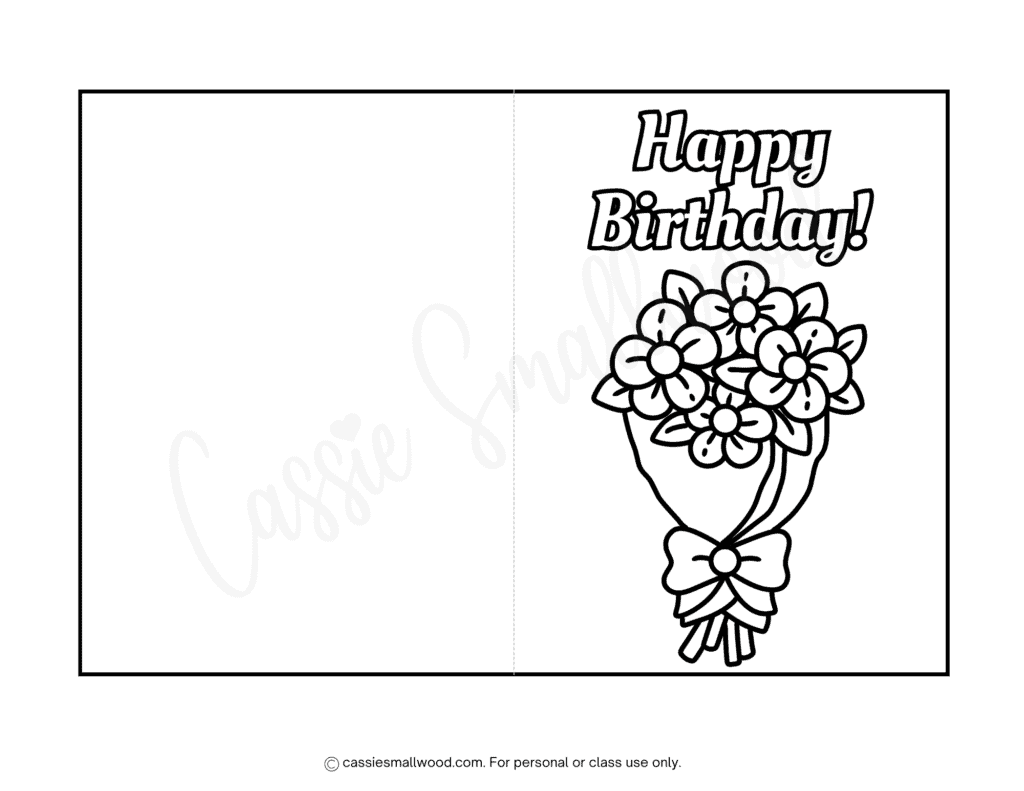 Free printable flower bouquet happy birthday card to color pdf, flowers birthday coloring card black and white foldable