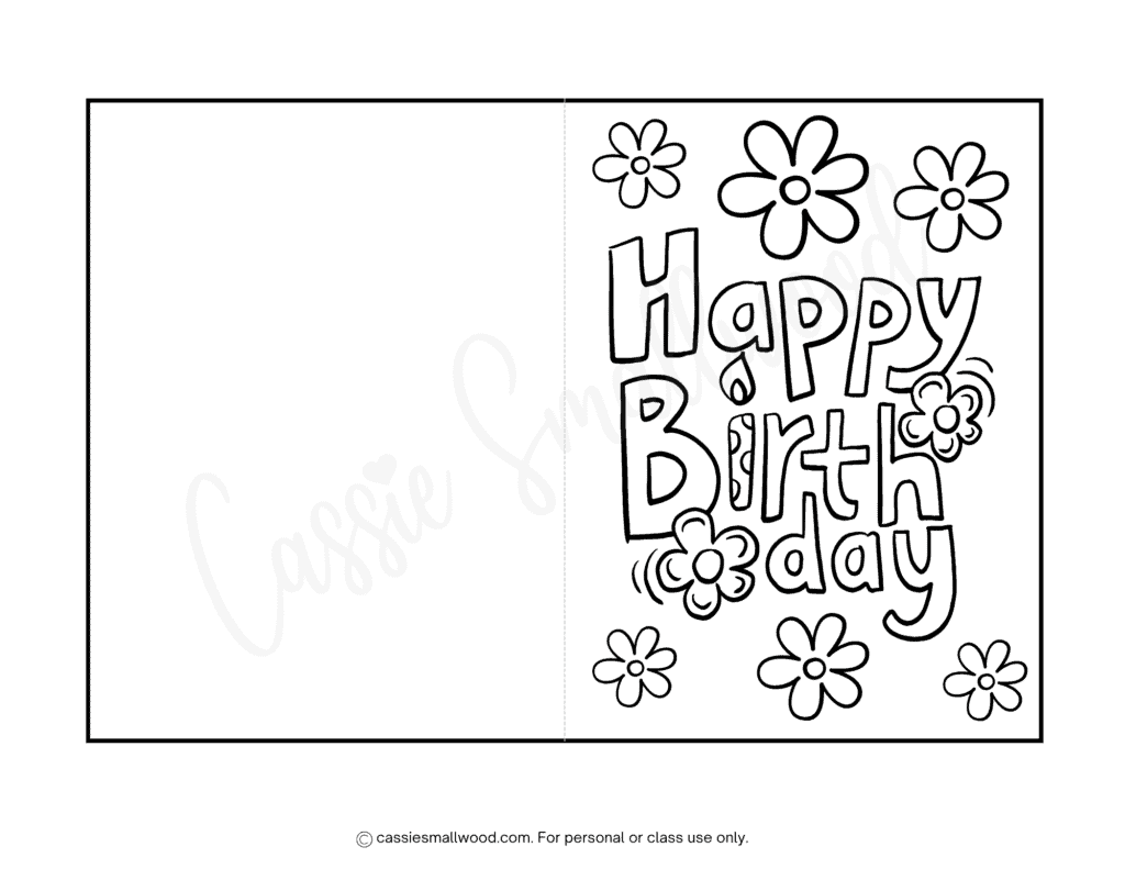 simple flower happy birthday card to color free printable pdf, foldable printable birthday coloring card for kids black and white