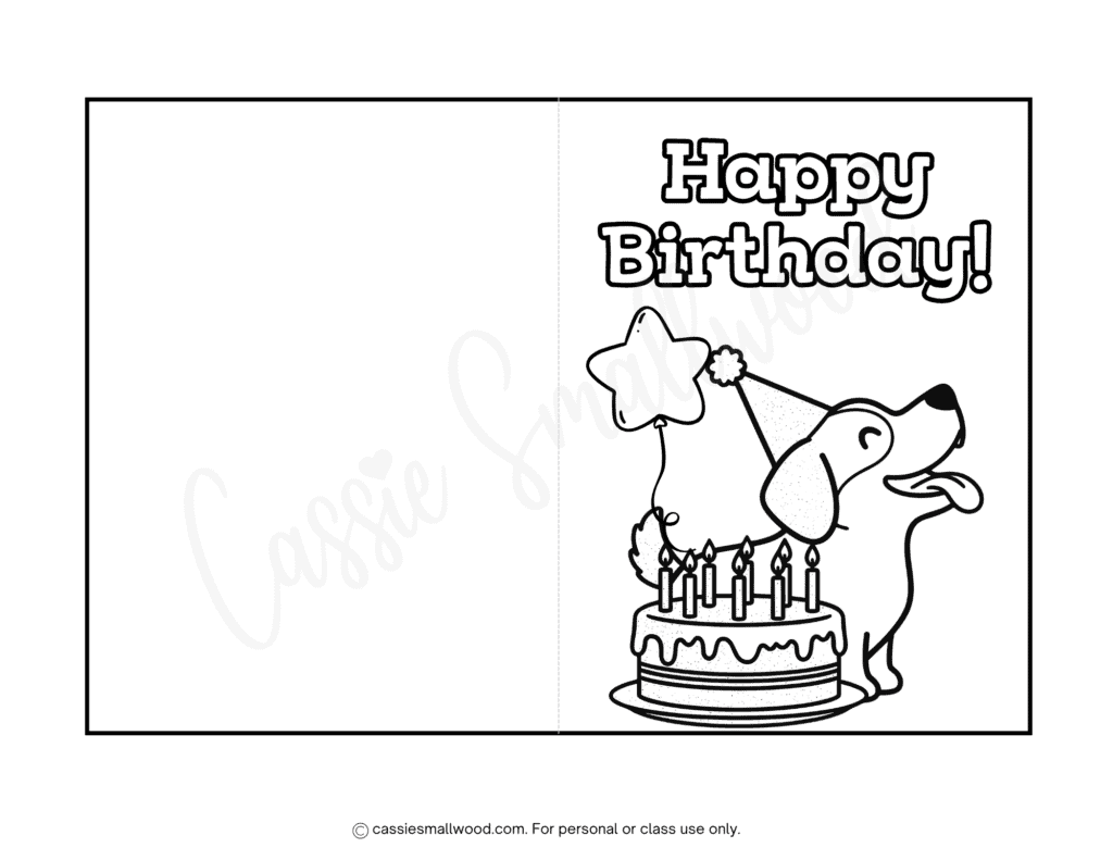Free printable dog happy birthday card coloring page for kids pdf, simple friend birthday card to color template