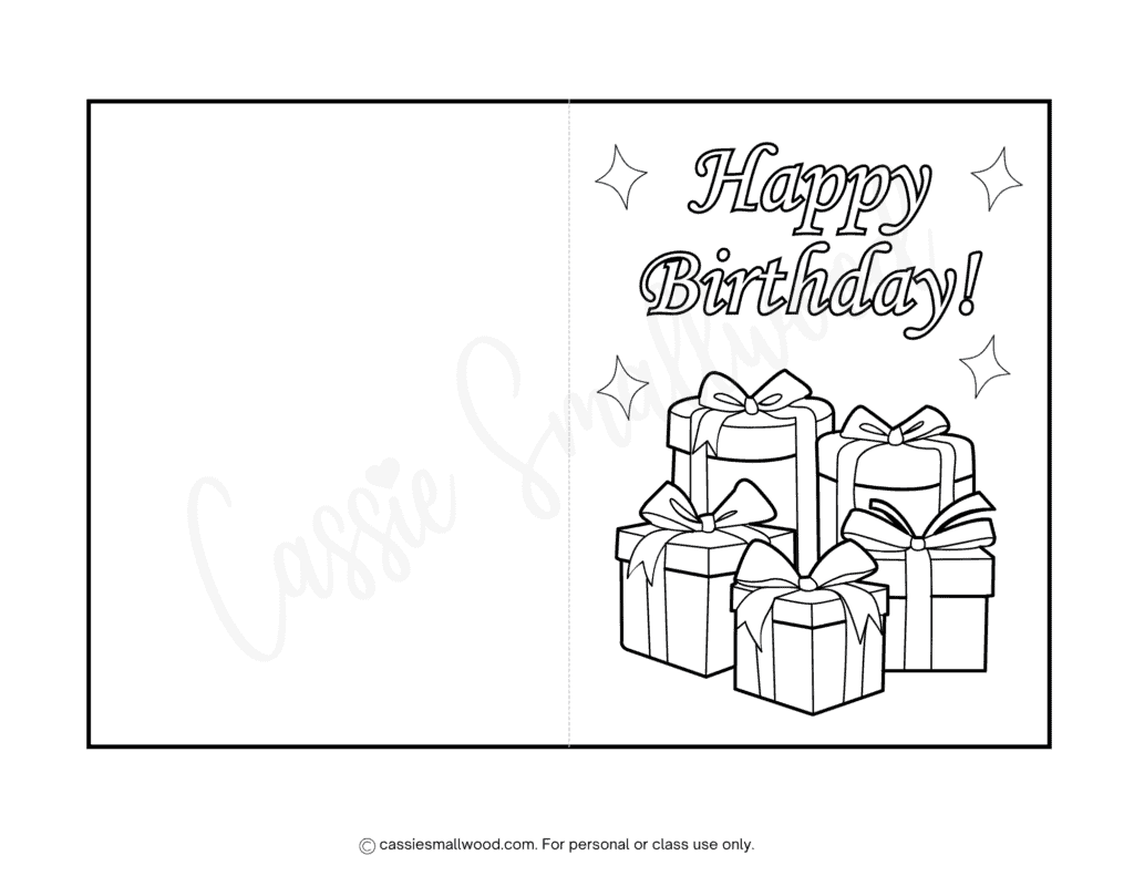 free printable happy birthday card coloring page pdf, black and white folding birthday card to print and color, birthday card coloring page for kids