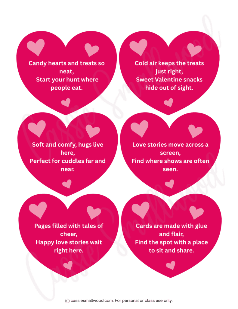 Free printable indoor Valentine scavenger hunt clues for kids pdf,  Valentine's Day treasure hunt riddles for kids to print for free