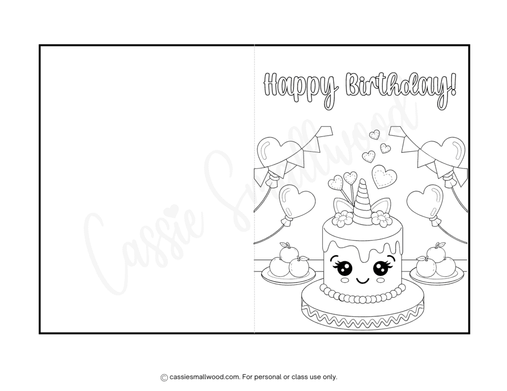 kawaii cake birthday card to color free printable pdf, black and white birthday card coloring sheet for kids foldable friend birthday card coloring page