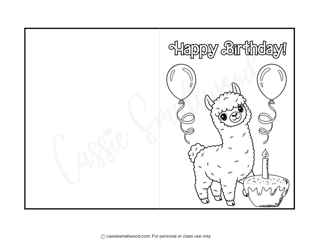 Llama happy birthday coloring card free printable pdf, black and white foldable birthday card to color for kids friends, llama birthday card coloring page