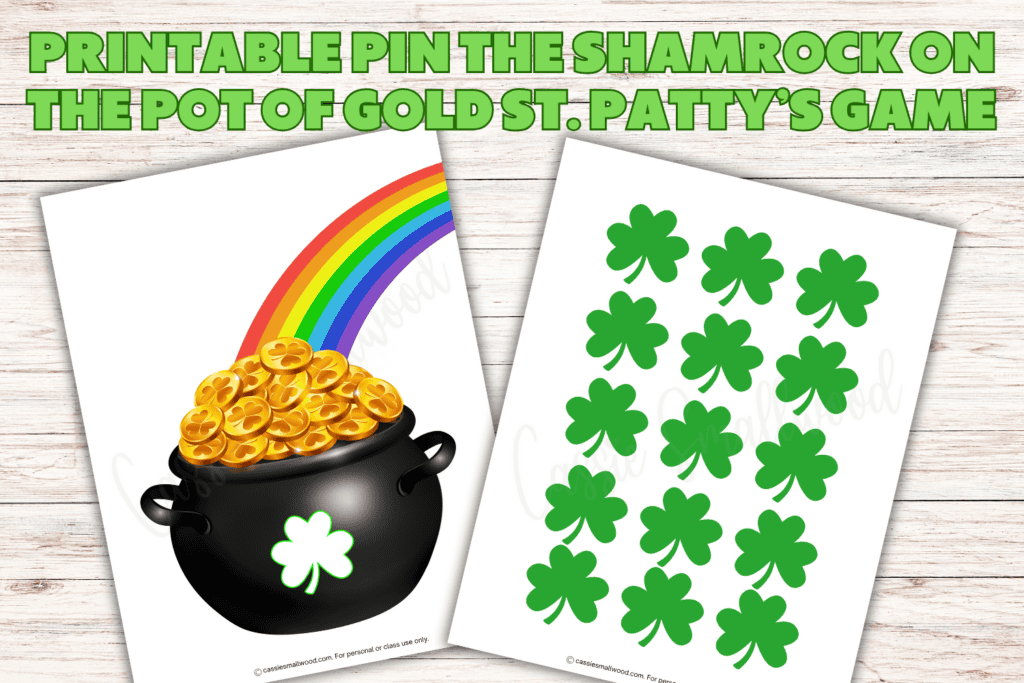 fun St. Patrick's Day pin the tail game free printable pdf, pin the shamrock on the pot of gold game for kids, St. Patrick's party game pin the tail on the donkey