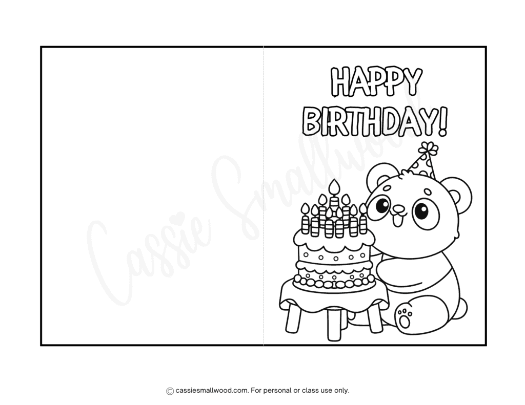 Panda birthday greeting card to color free printable pdf, black and white happy birthday coloring card for kids foldable template