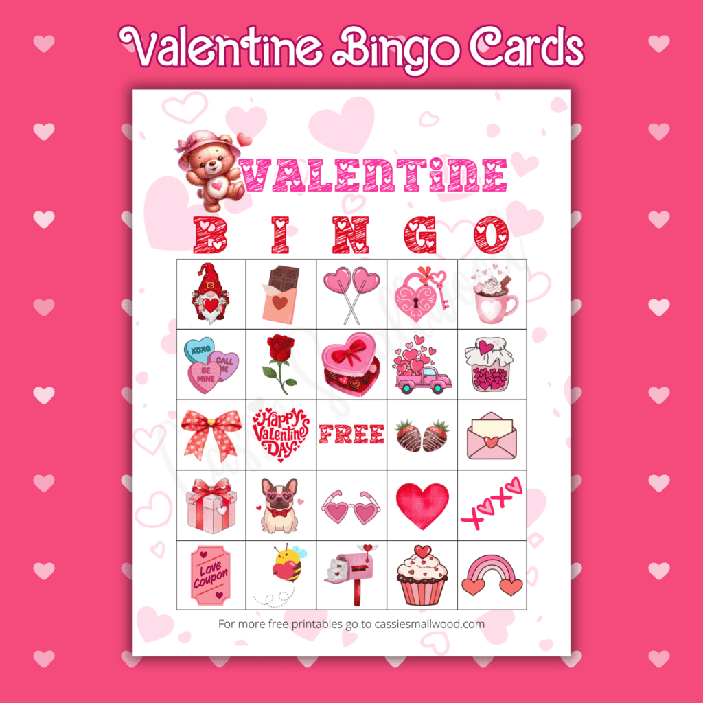 picture Valentine bingo for preschool and kindergarten kids free printable pdf, easy Valentine's Day game for kids