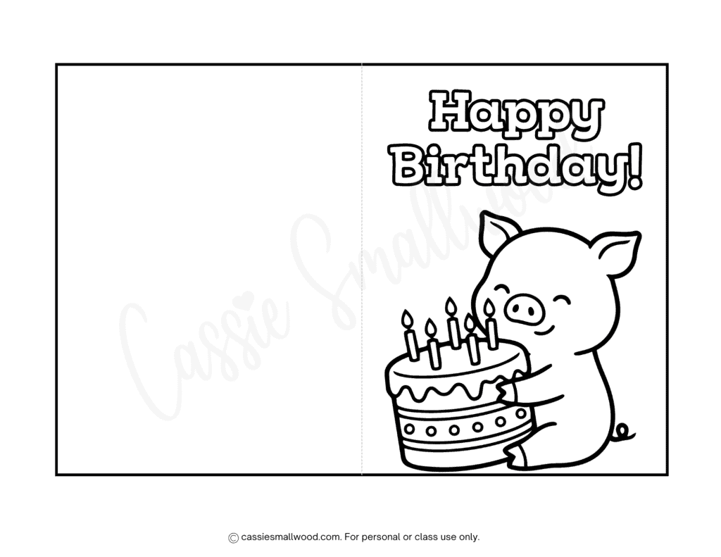 free printable pig birthday card to color pdf, birthday cake happy birthday coloring card boys or girls, kids birthday card coloring sheet