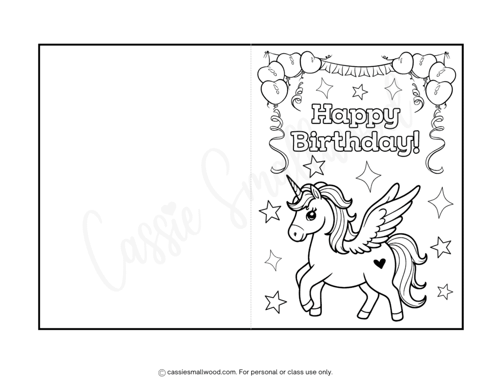 free printable unicorn birthday card to color, cute happy birthday card coloring page for kids foldable printable birthday coloring card pegasus unicorn