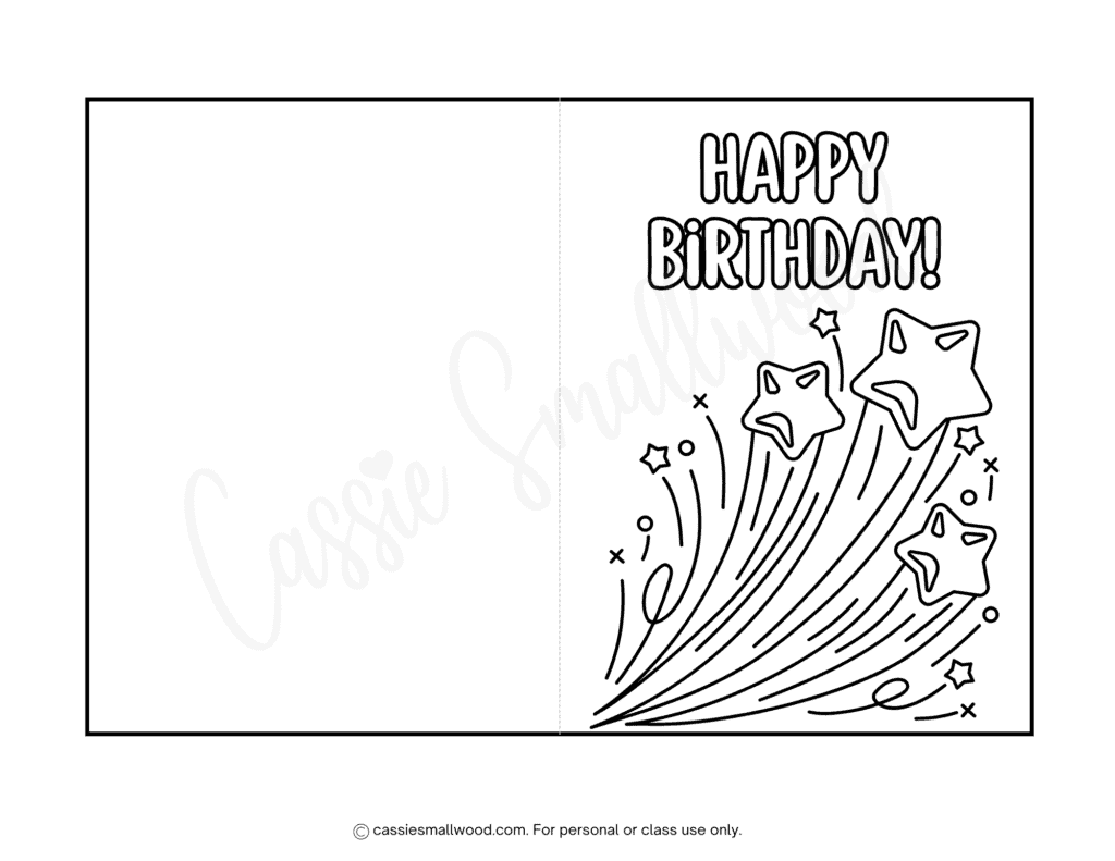 shooting star happy birthday coloring card free printable pdf, free birthday card to print and color foldable black and white birthday card coloring sheet for kids