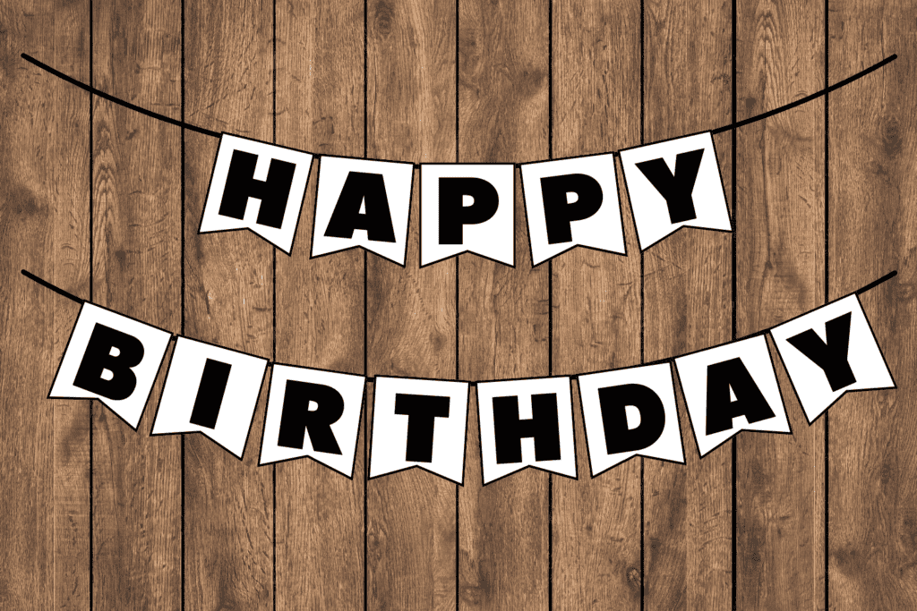 simple black and white Happy Birthday banner free printable pdf, DIY blank birthday sign to print for free