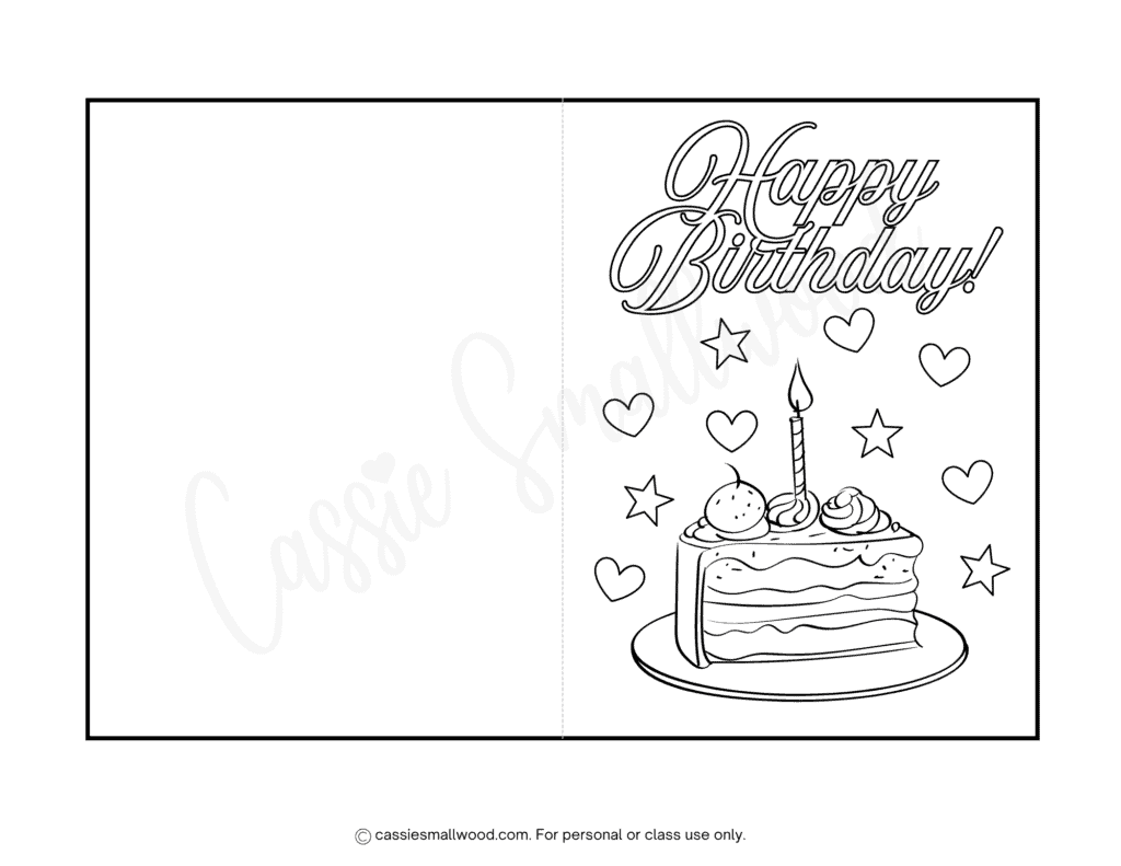 slice of cake birthday card to color free printable pdf, birthday card coloring page for kids cute