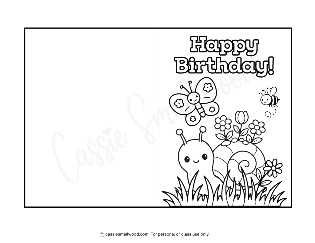 spring happy birthday card to color free printable pdf, snail, butterfly, bee and flowers birthday card coloring page for kids