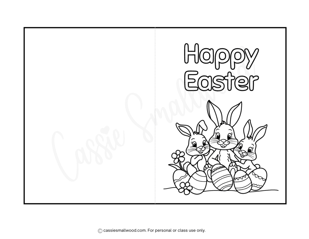 Bunnies cute Easter card for kids to color free printable pdf, Easter bunny coloring sheet for kids, Happy Easter coloring card