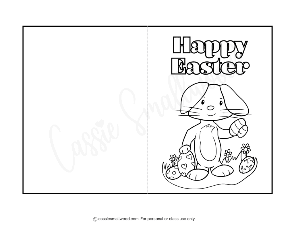 bunny Easter card for kids to color free printable pdf, Happy Easter card coloring page for kids